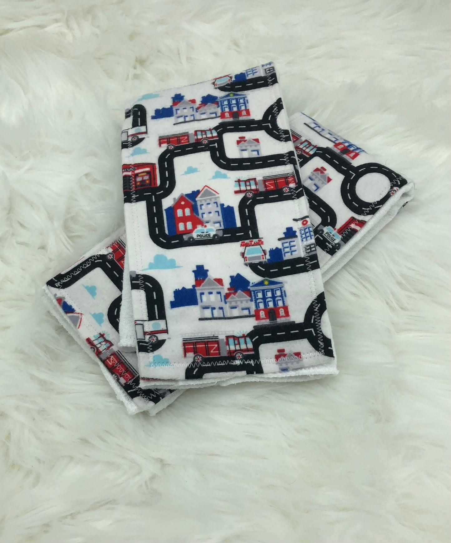 Fire Trucks and Police Cars Burp Cloth Set