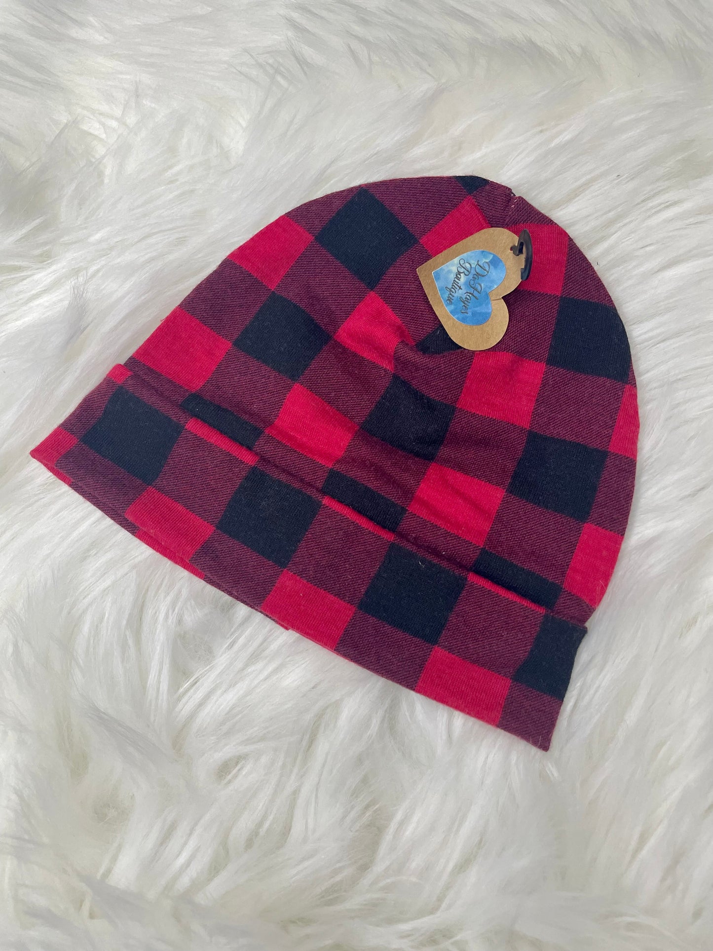 Red and Black Plaid Beanie Hat