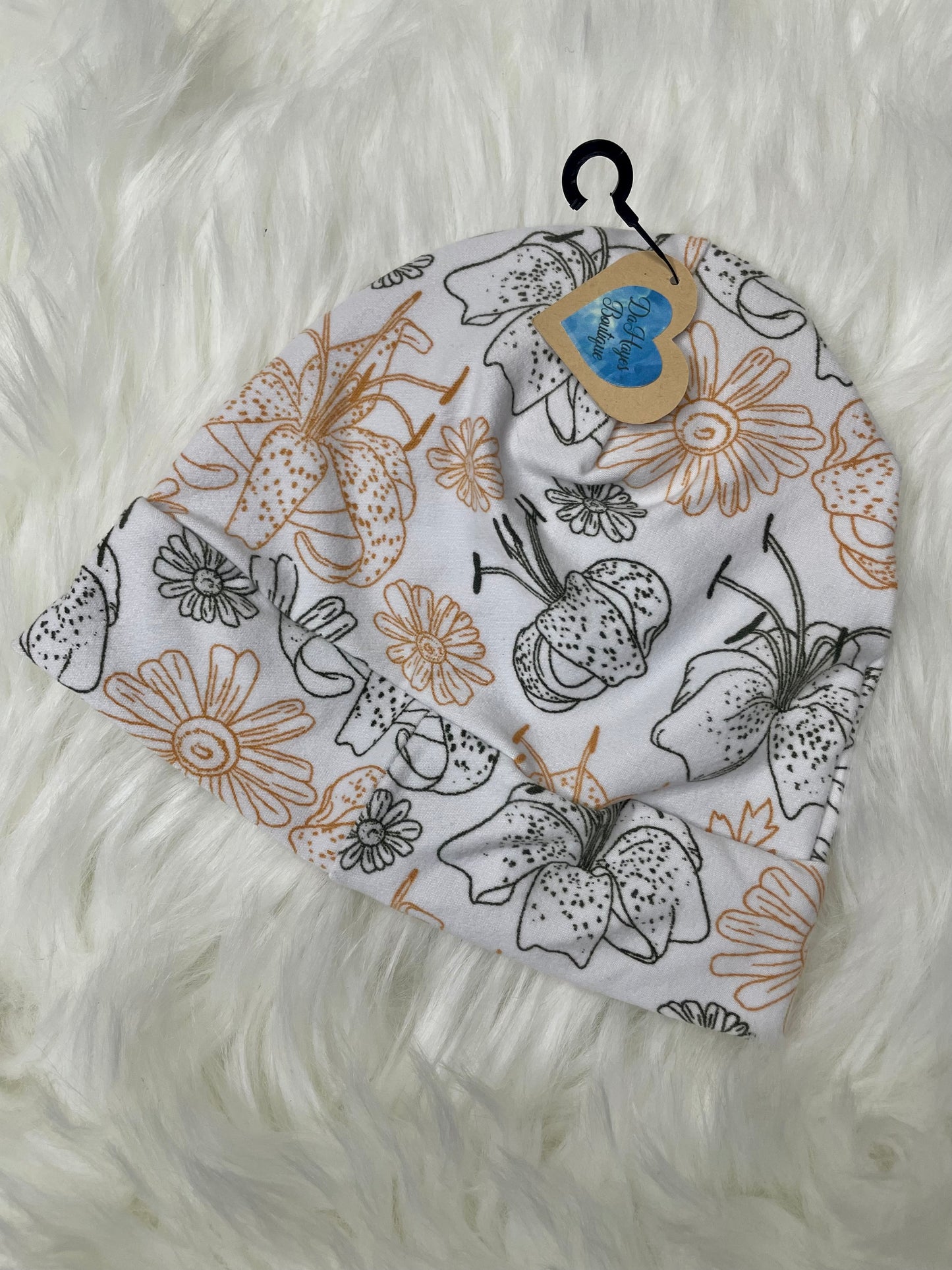 White w/ Grey and Pink Lillies Beanie Hat