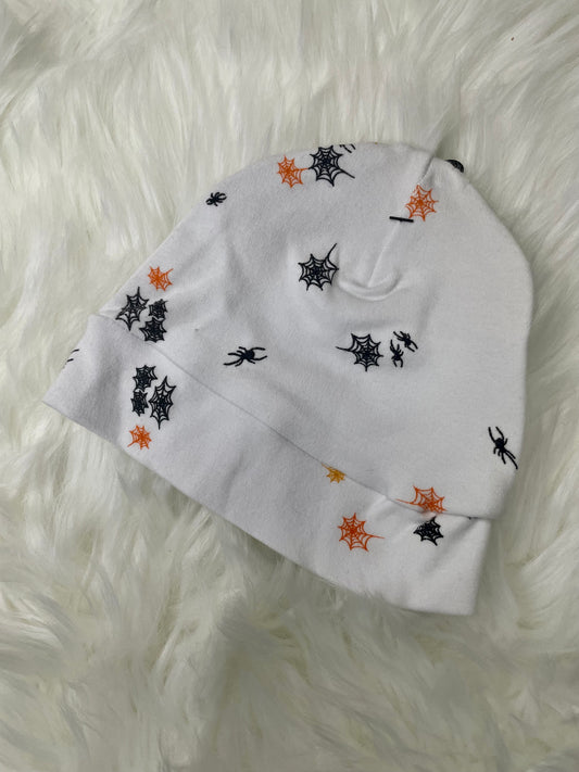 White w/ Black and Orange Spiders and Webs Beanie Hat