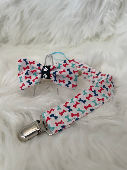 White with Multi Color Bones - Bow and Pacifier/Toy Tether Matching set