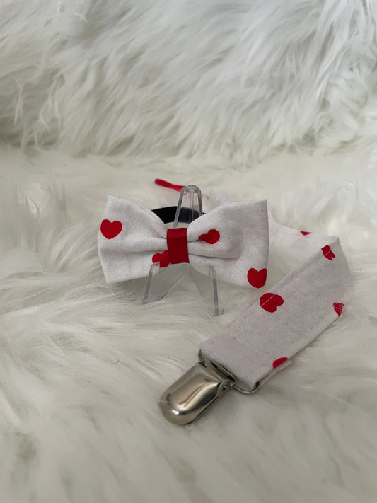 White with Red Hearts - Bow and Pacifier/Toy Tether Matching set