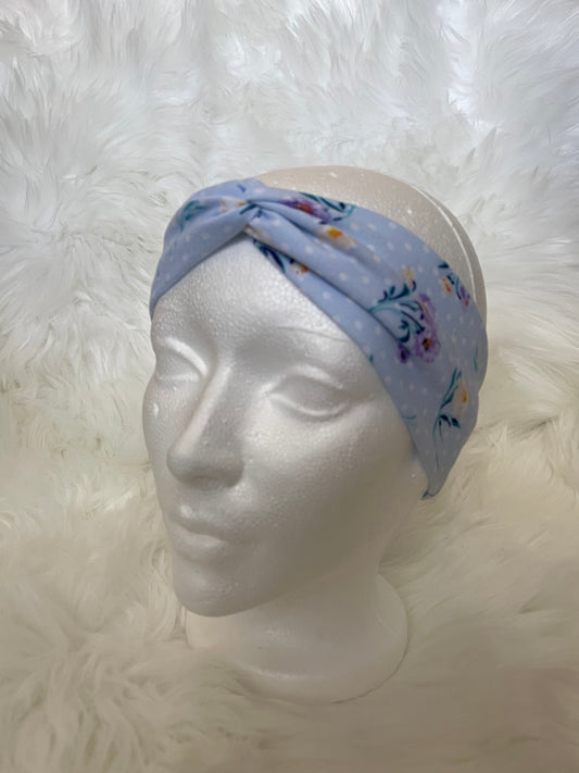 Light Blue w/ Polka Dots and Spring Flowers- Front Knot Stretch Headband