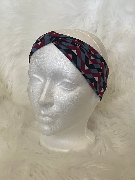 Burgundy, Black, Grey and Pink Geometric - Front Knot Stretch Headband