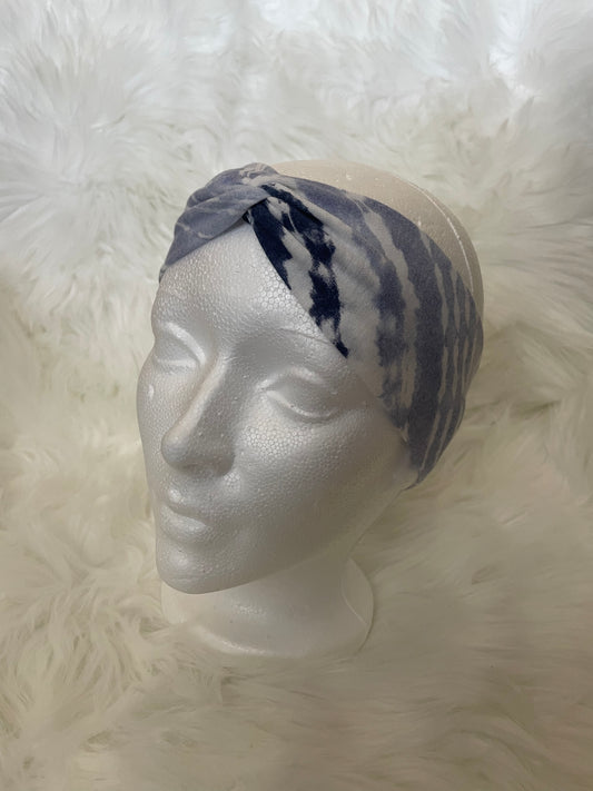 Blue and White Tye Dye - Front Knot Stretch Headband