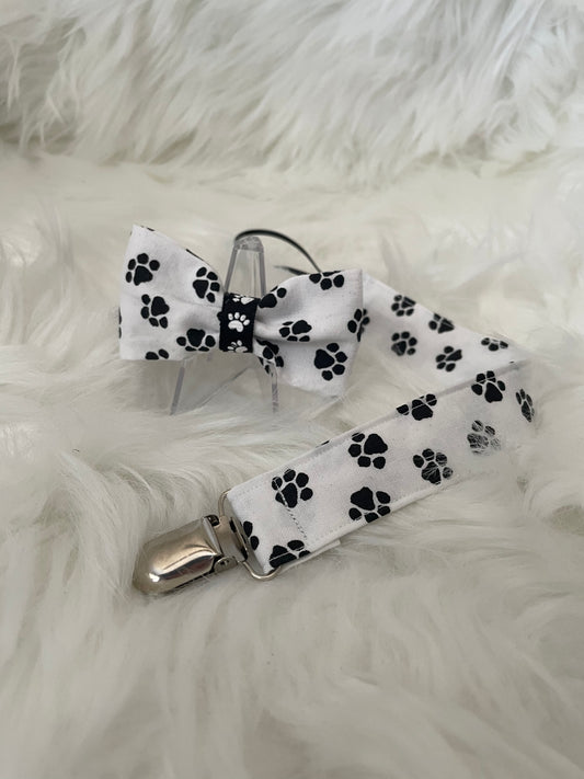White with Black Paw Prints - Bow and Pacifier/Toy Tether Matching Set