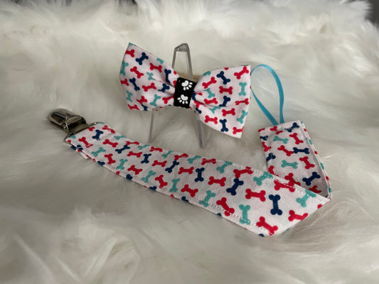 Dog Bones on White - Bow and Pacifier/Toy Tether Matching Set