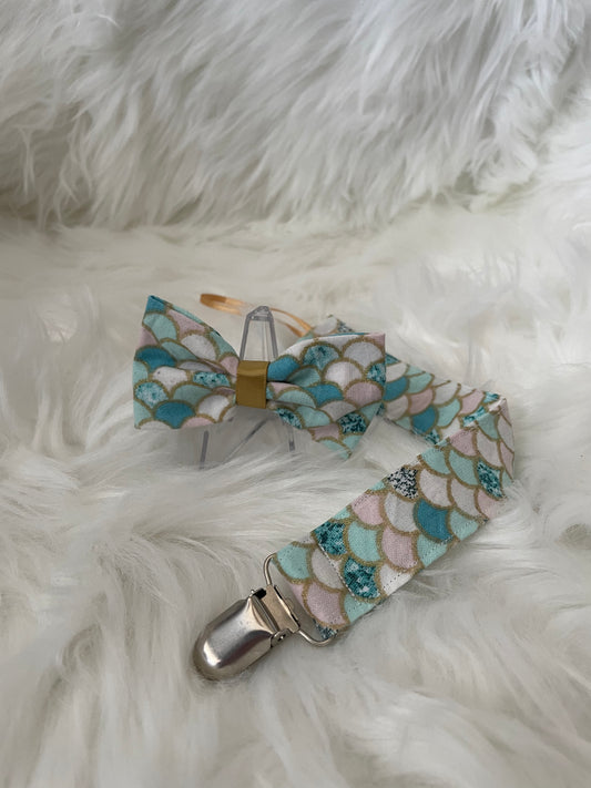 Blush, Light Blue and Gold Mermaid Scales - Bow and Pacifier/Toy Tether Matching Set