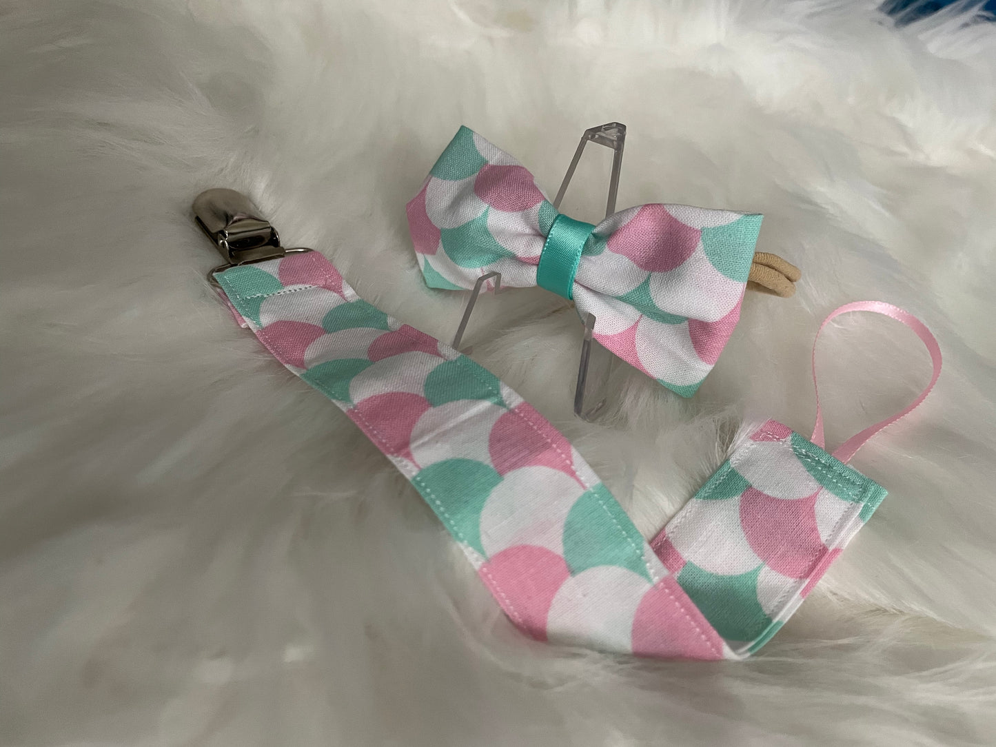 Mermaid Scales White with Teal and Pink - Bow and Pacifier/Toy Tether Matching Set