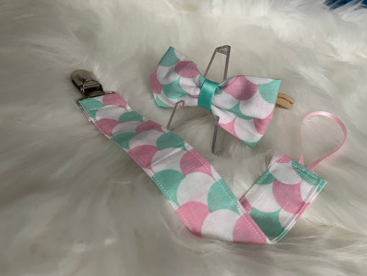 Mermaid Scales White with Teal and Pink - Bow and Pacifier/Toy Tether Matching Set