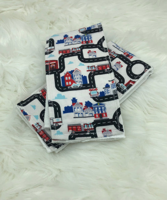 Fire Trucks and Police Cars Burp Cloth Set