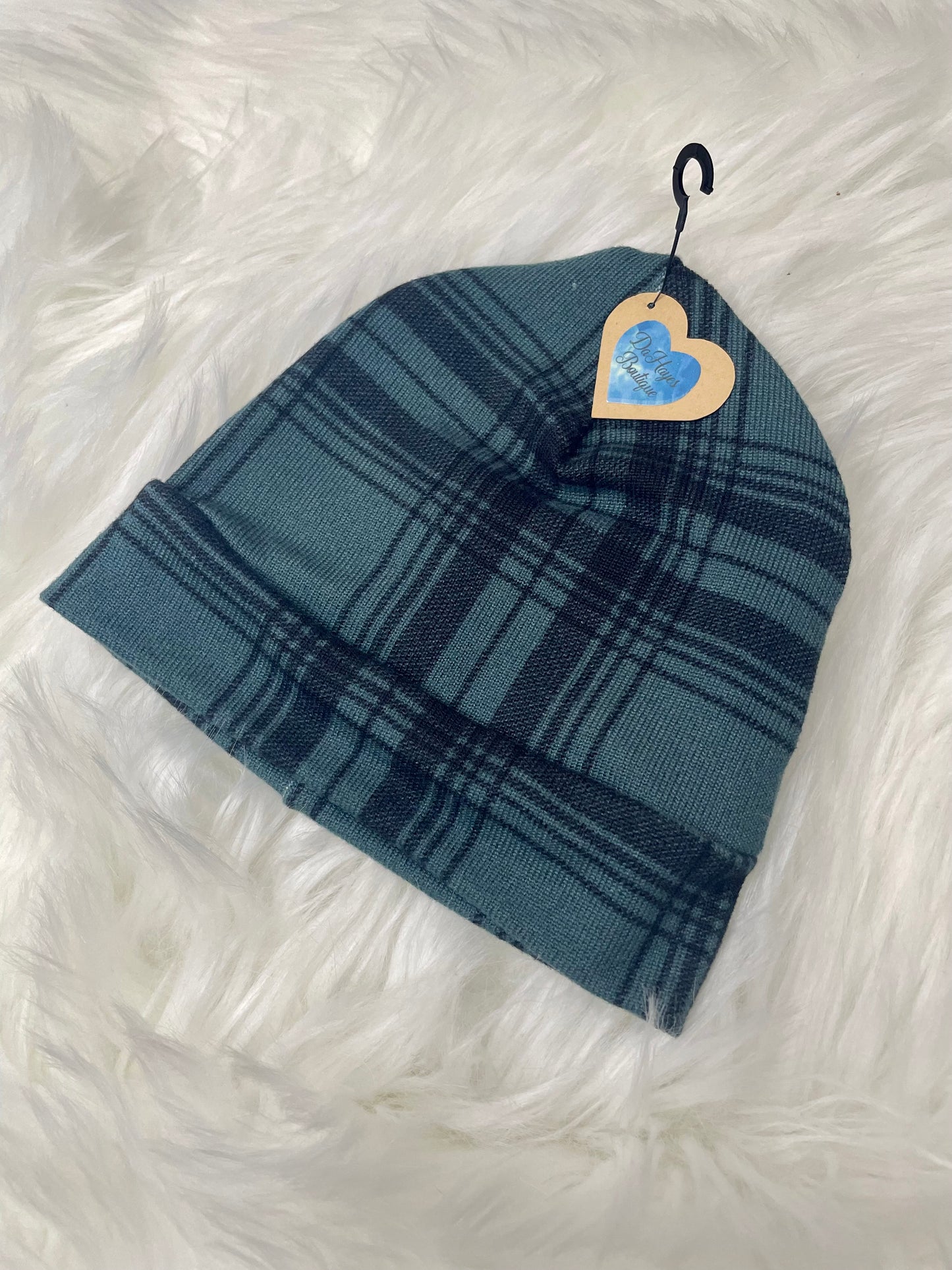 Green and Black Plaid Beanie Hat