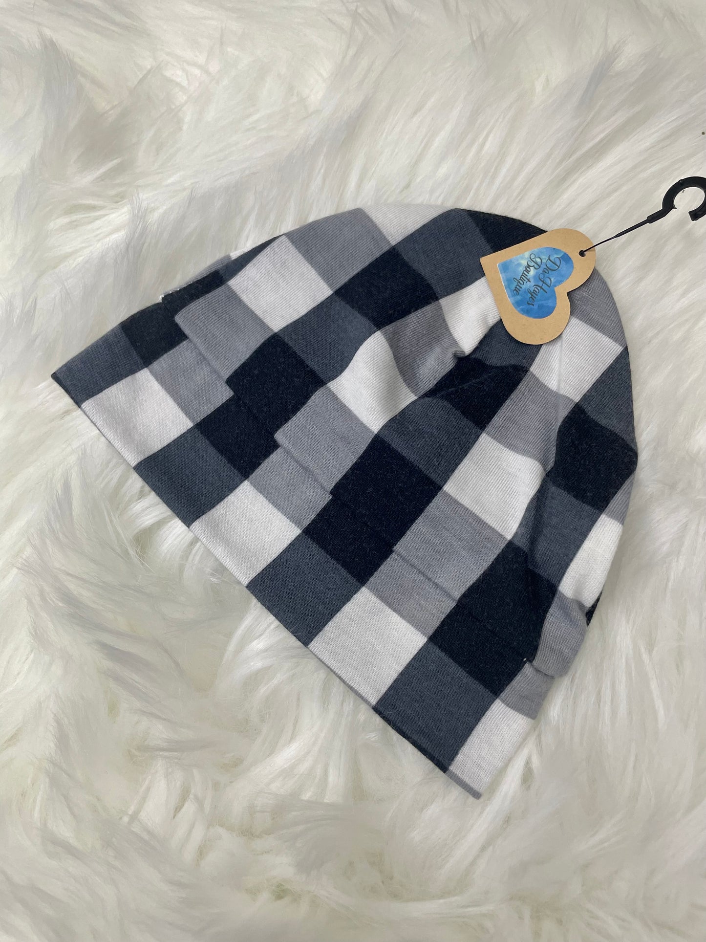 White and Black Plaid Beanie Hat
