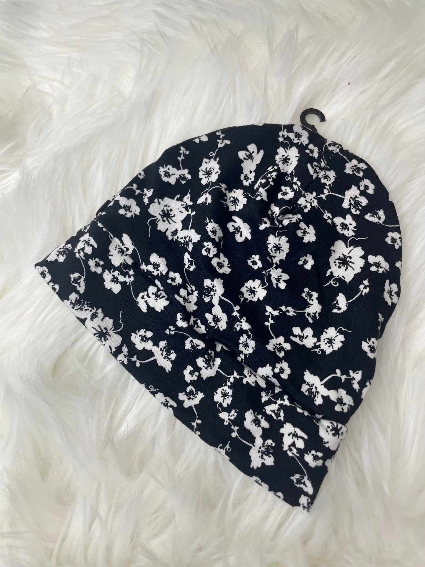 White and Black Floral Beanie Hat