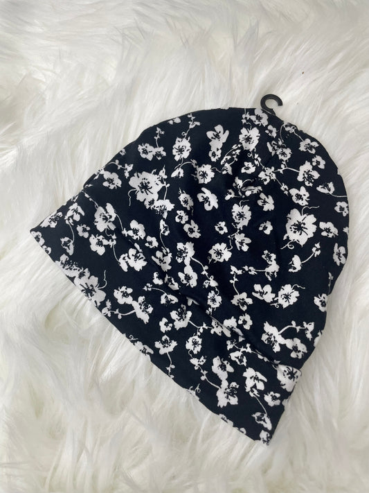 White and Black Floral Beanie Hat
