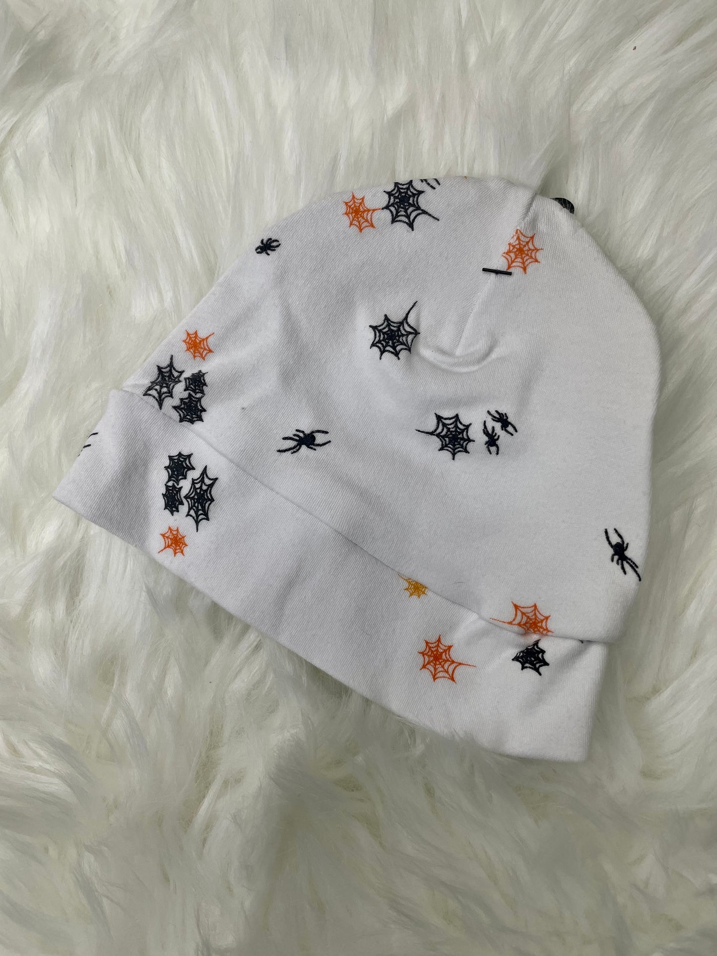 White w/ Black and Orange Spiders and Webs Beanie Hat