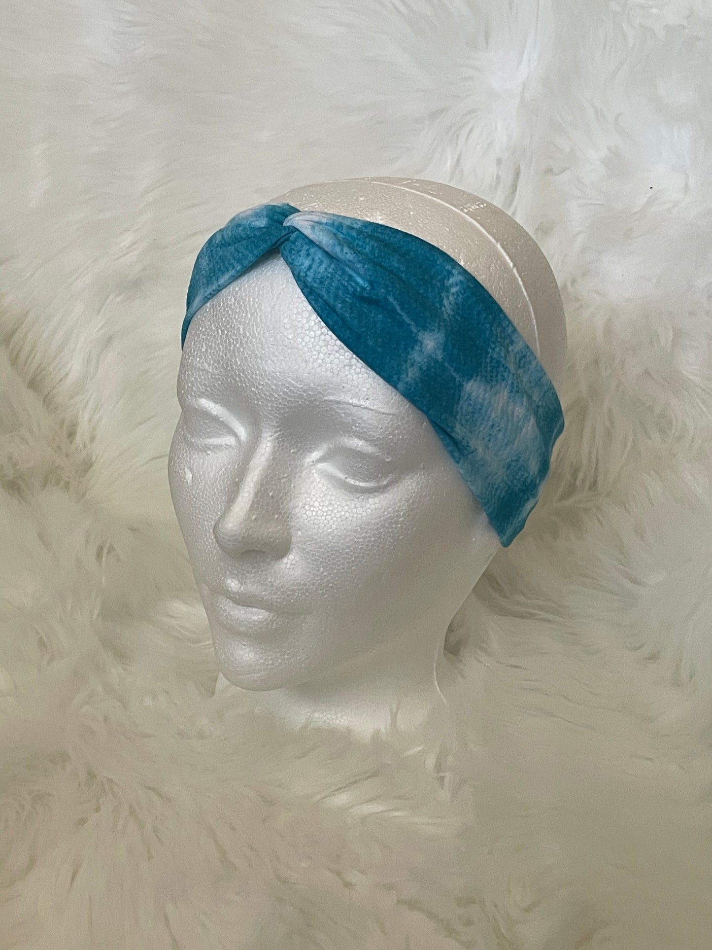 Bright Blue and White Tye Dye - Front Knot Stretch Headband