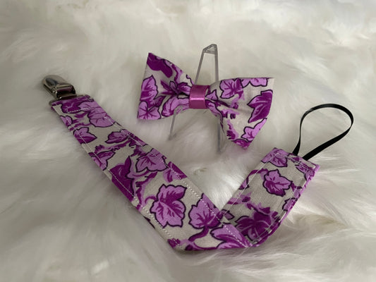Purple Flowers - Bow and Pacifier/Toy Tether Matching Set