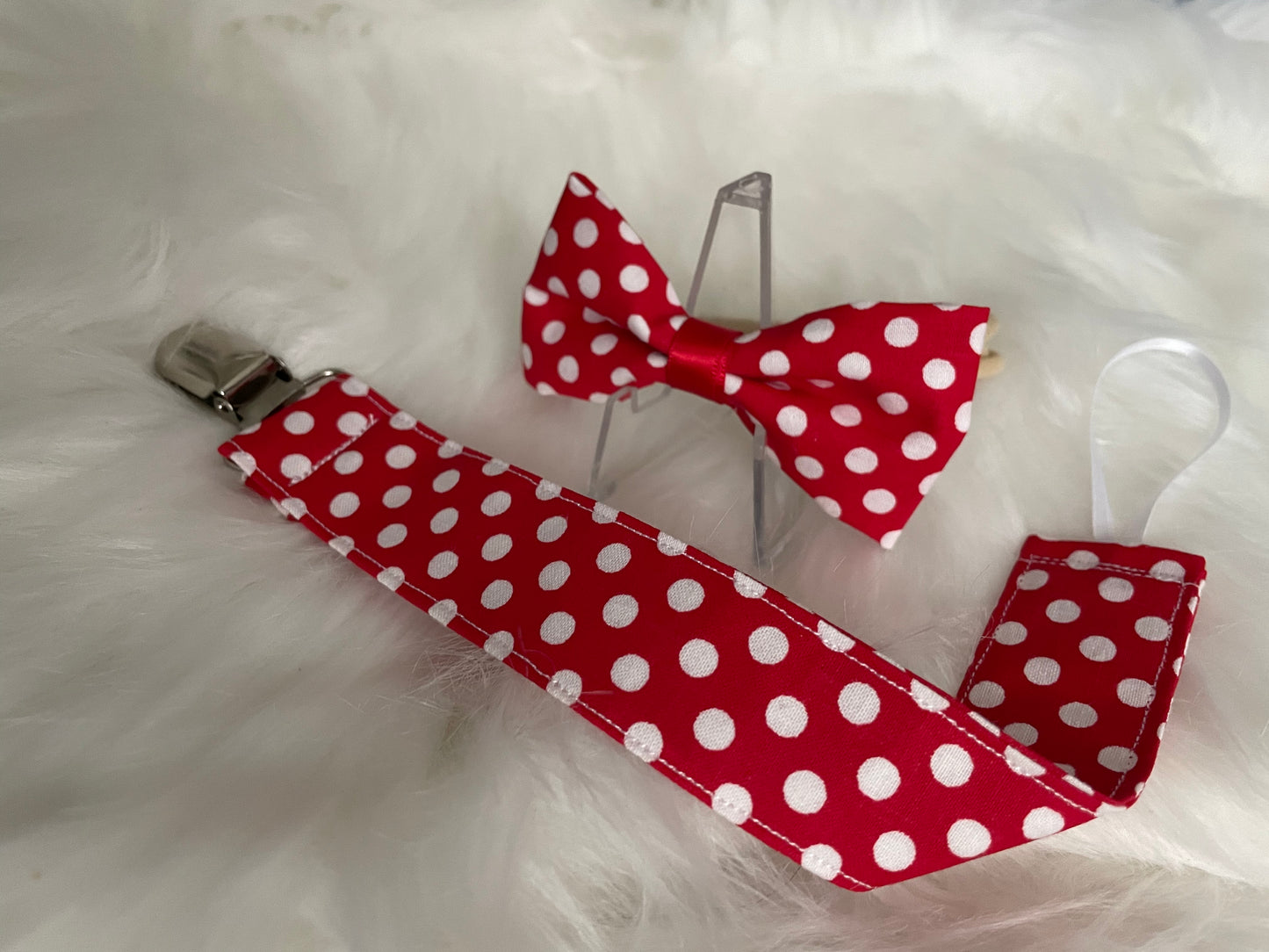 Red Polka Dots- Bow and Pacifier/Toy Tether Matching Set