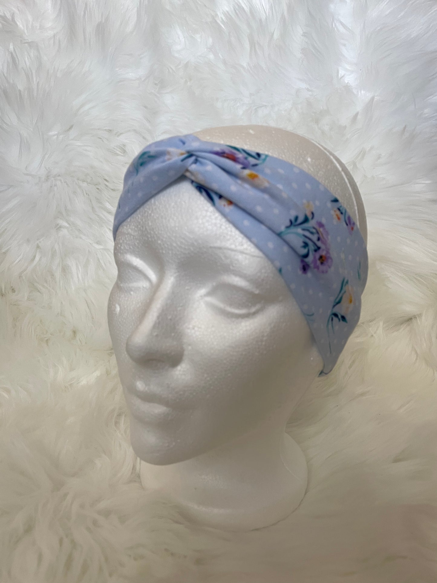 Light Blue w/ Polka Dots and Spring Flowers- Front Knot Stretch Headband