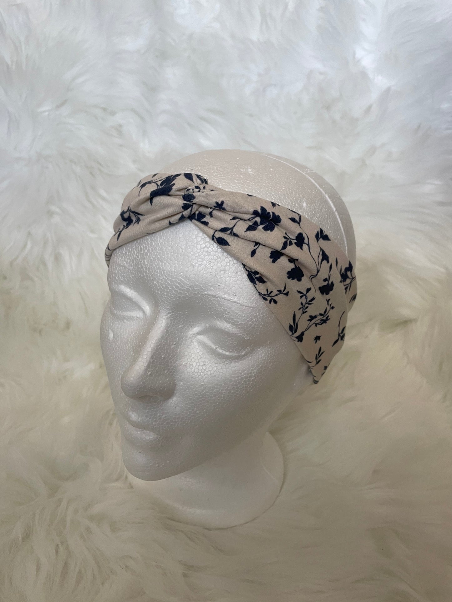 Navy Floral on Cream Base- Front Knot Stretch Headband
