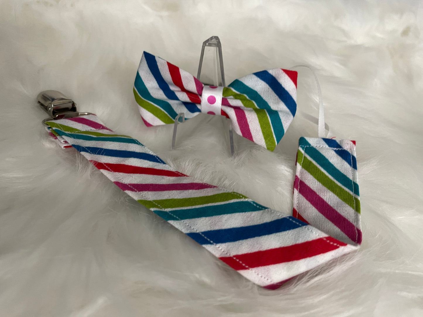 Rainbow Stripes - Bow and Pacifier/Toy Tether Matching Set