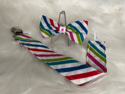 Rainbow Stripes - Bow and Pacifier/Toy Tether Matching Set