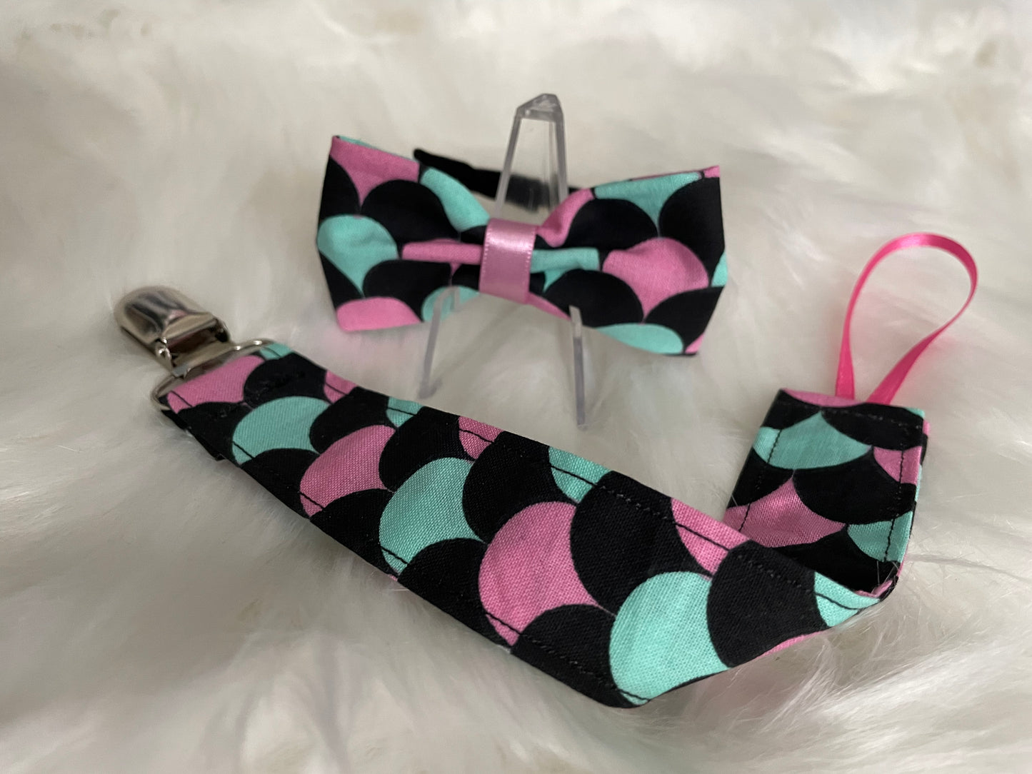 Mermaid Scales Black with Teal and Pink - Bow and Pacifier/Toy Tether Matching Set