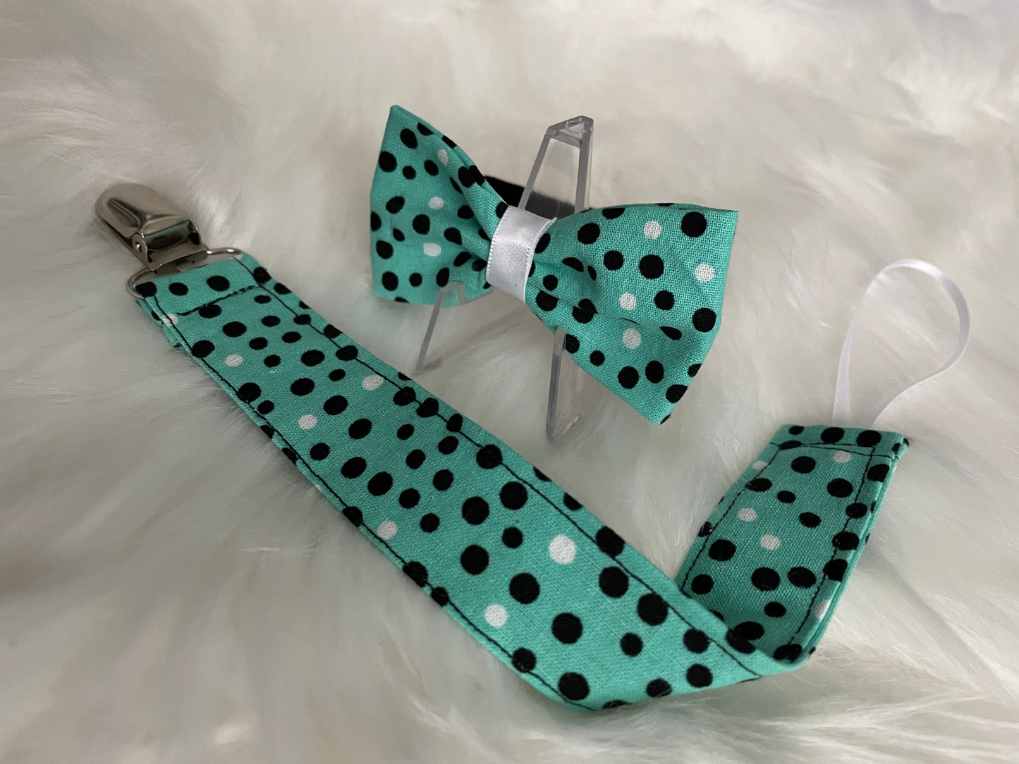 Teal Polka Dots- Bow and Pacifier/Toy Tether Matching Set