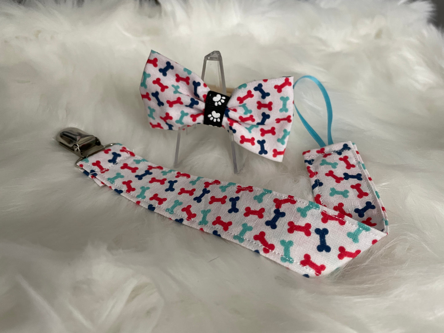 Dog Bones on White - Bow and Pacifier/Toy Tether Matching Set