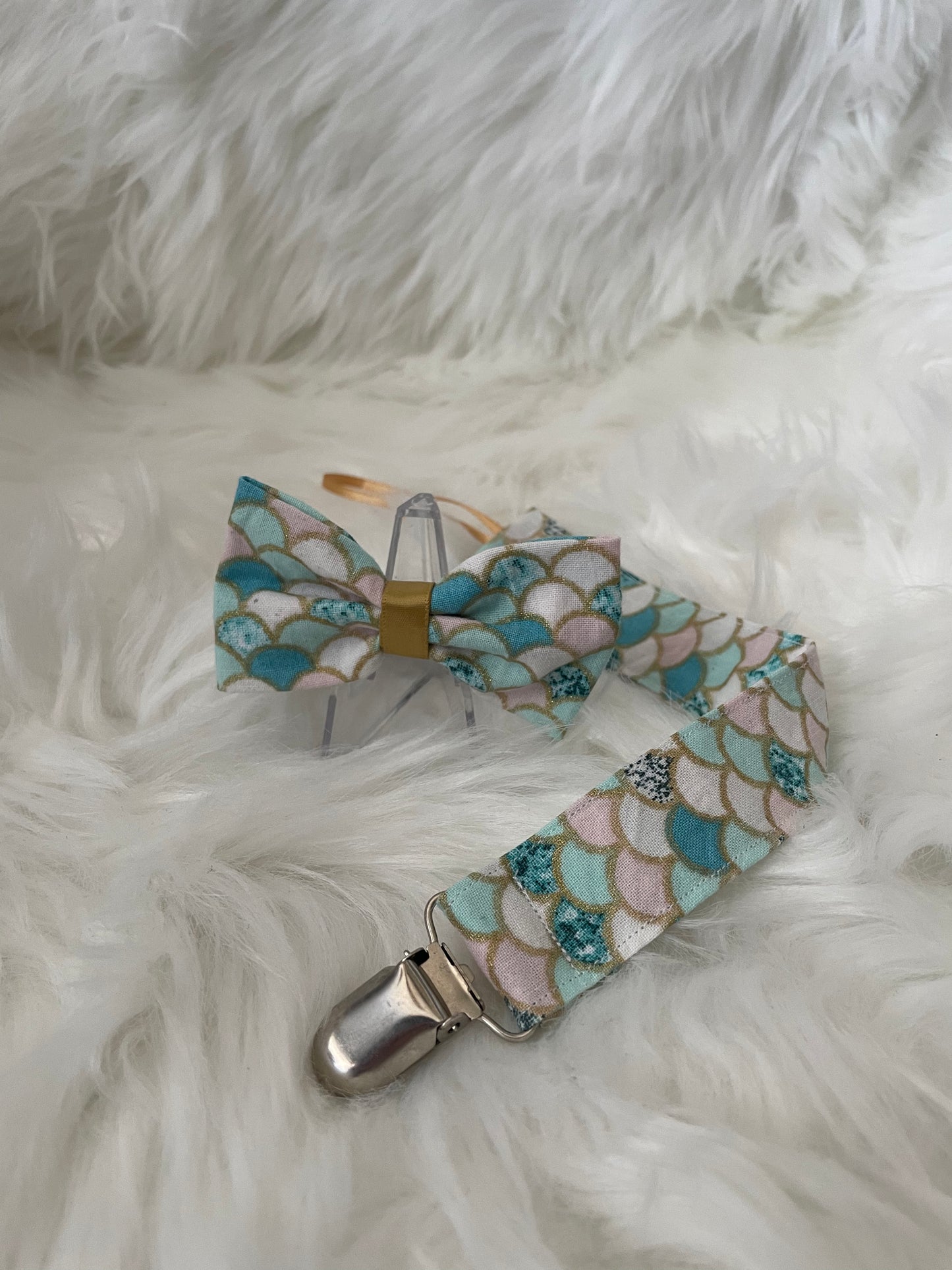 Blush, Light Blue and Gold Mermaid Scales - Bow and Pacifier/Toy Tether Matching Set