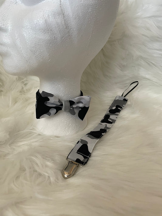 Black, Grey and White Camouflage - BowTie and Tether Set